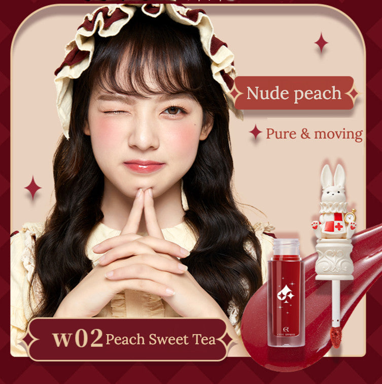Product advertisement with a person wearing a maid outfit and a lip product labeled 'Nude peach'.