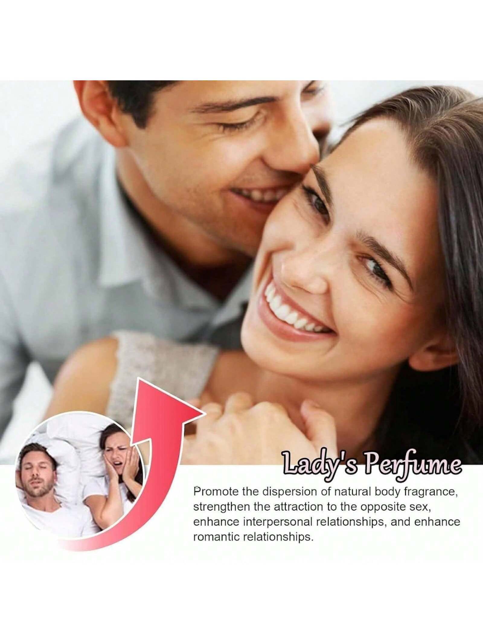 Couple embracing with text about lady's perfume benefits on a white background