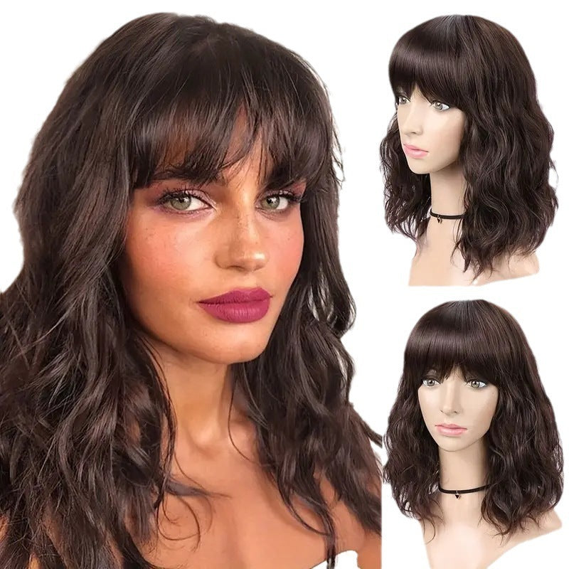 Brown wig with bangs on a mannequin head and a woman's head.