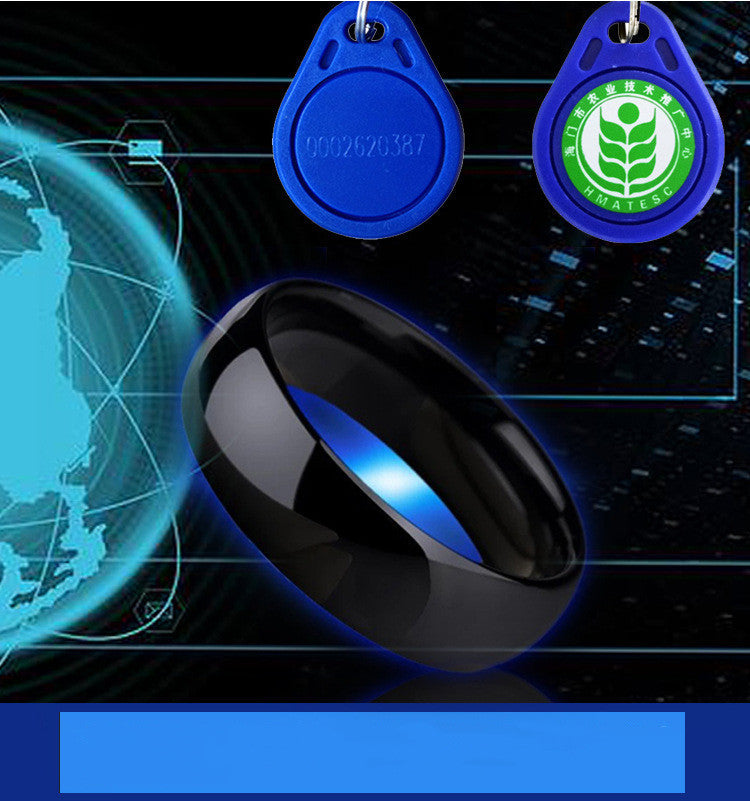 Black ring with blue light and two blue tags with green logos on a digital background
