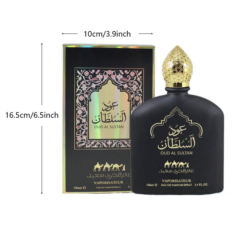 Oud Al Sultan perfume bottle and packaging with dimensions on a white background