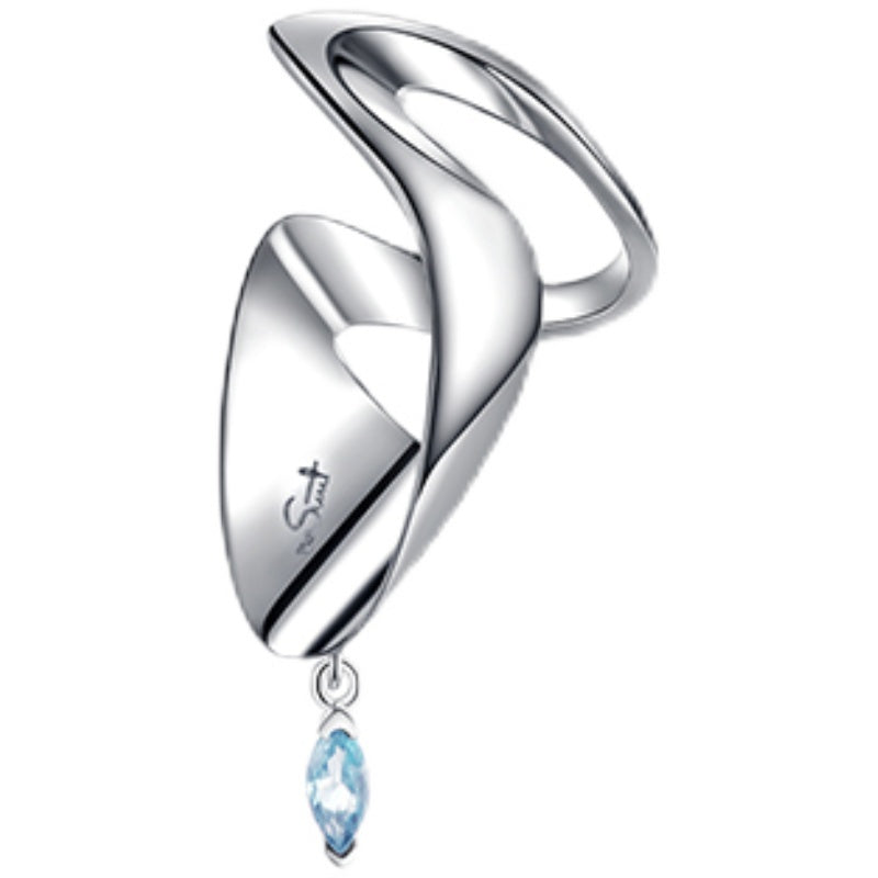 Silver ring with a blue gemstone on a white background