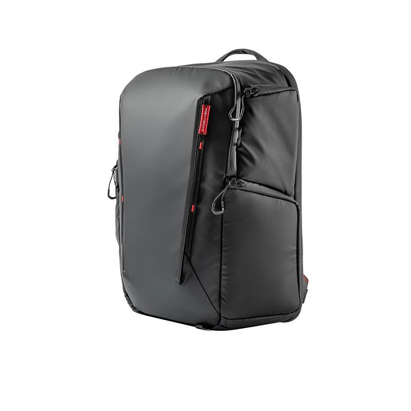 Black backpack with red accents on a white background