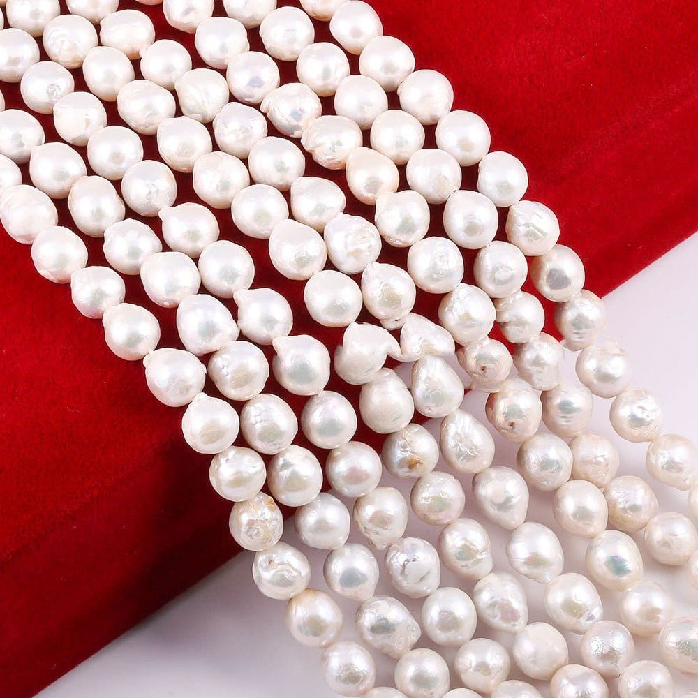 String of white pearls on a red and white background