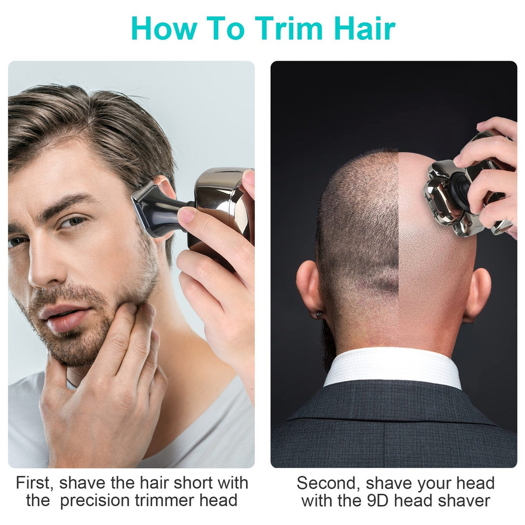 Instructions on how to trim hair using a precision trimmer and head shaver.