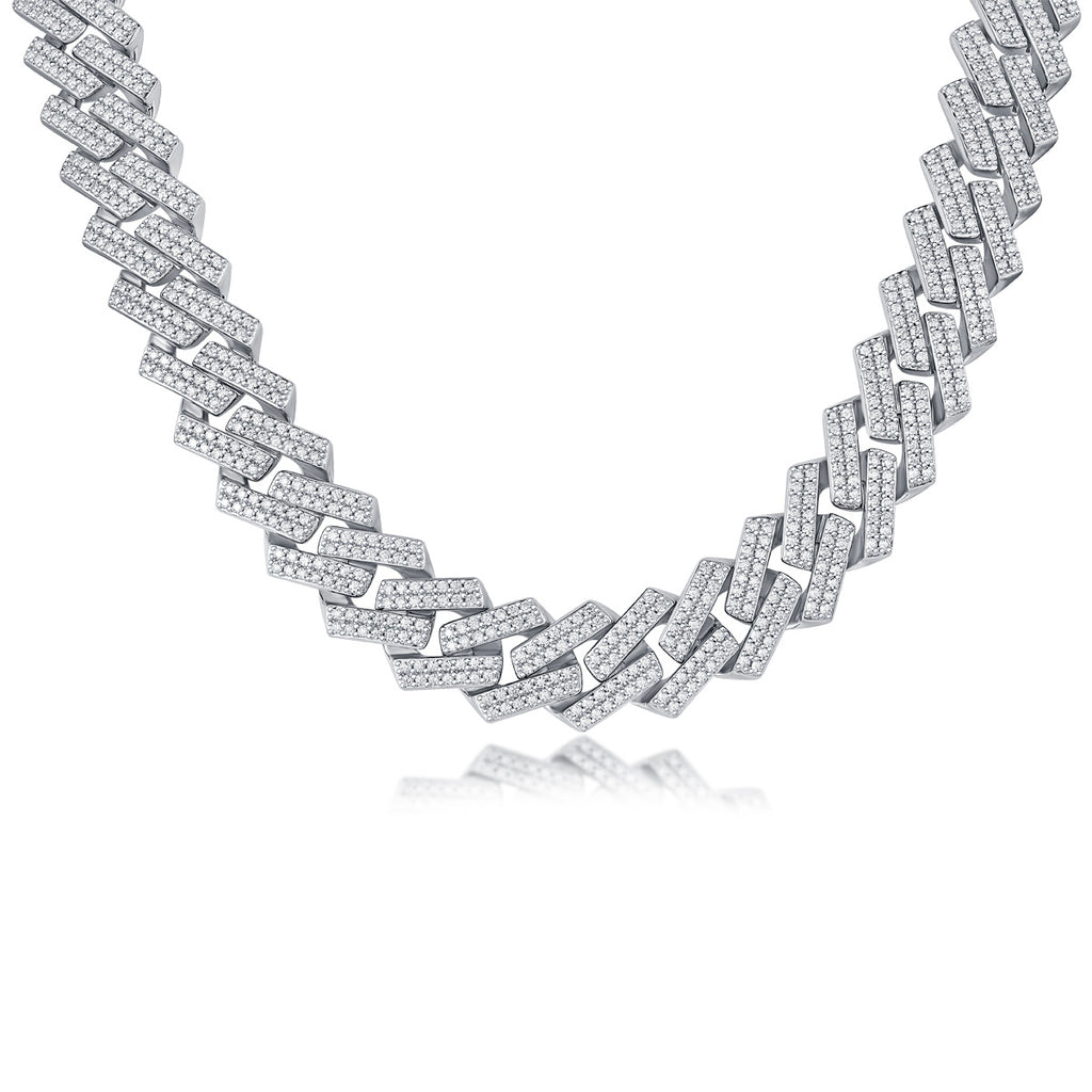 Silver necklace with interlocking links on a white background