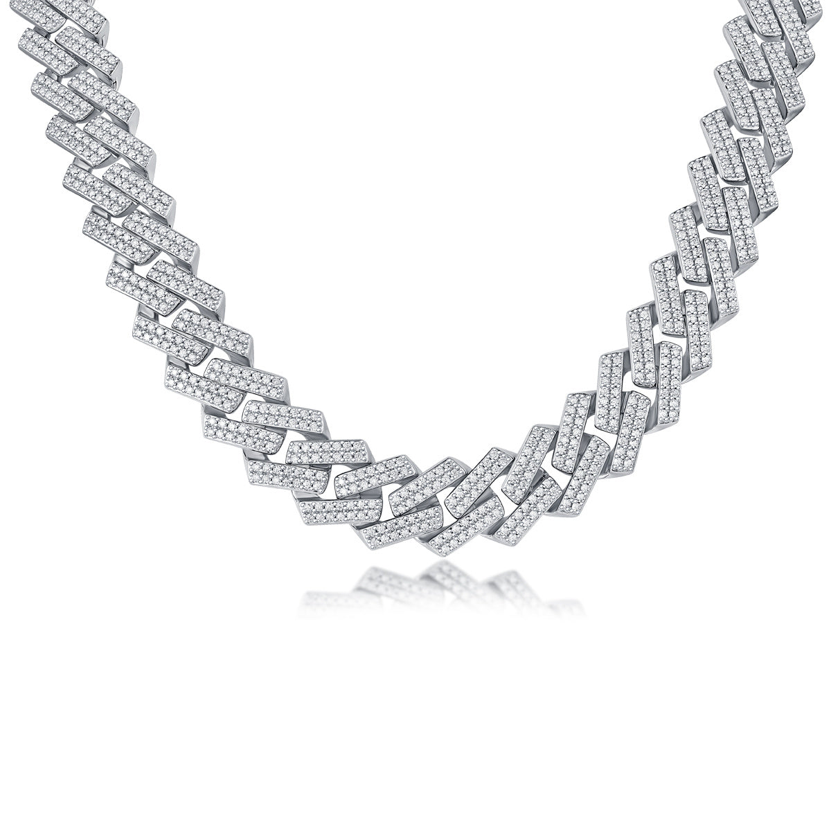 Silver necklace with interlocking links on a white background