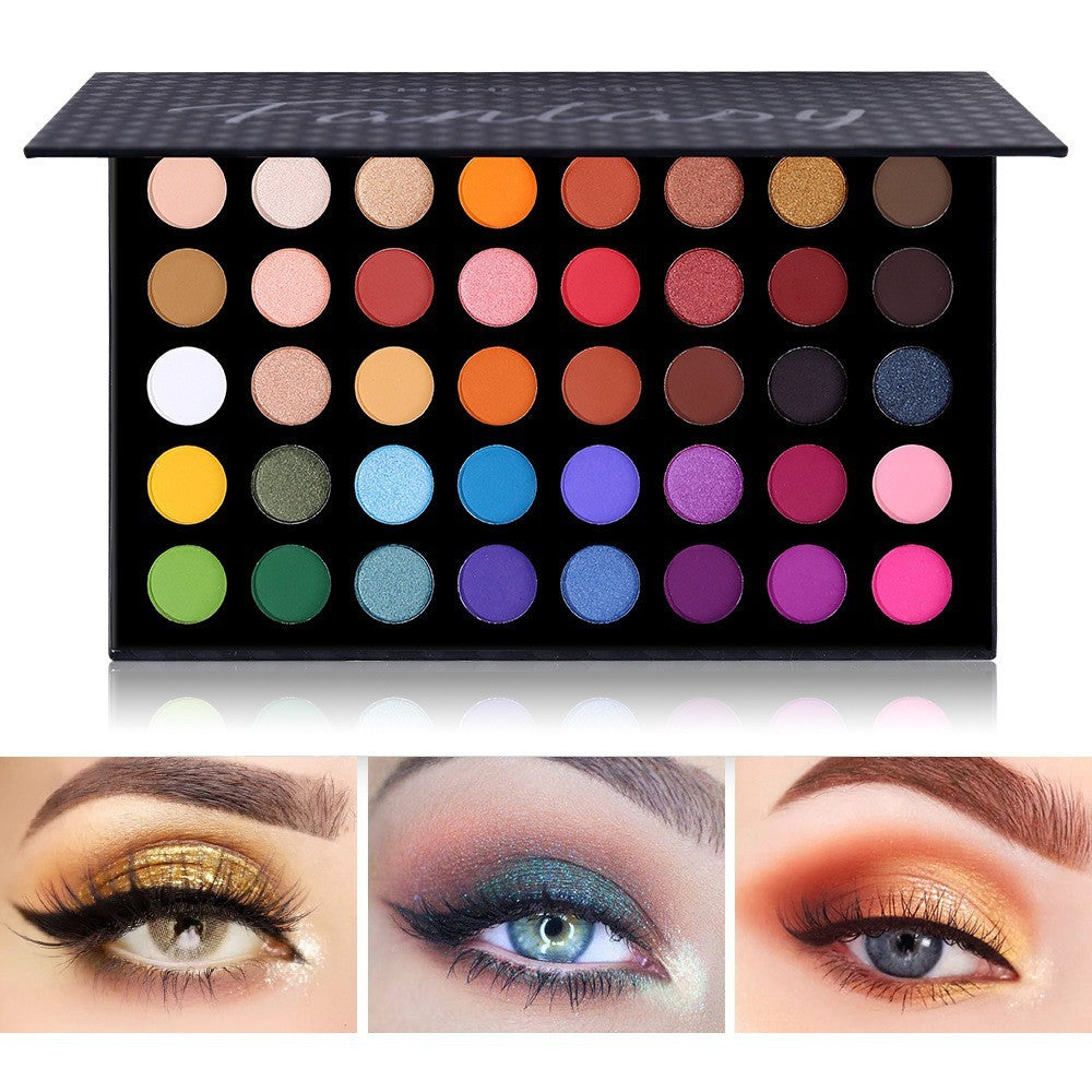 Makeup palette with color swatches and eye makeup application examples.