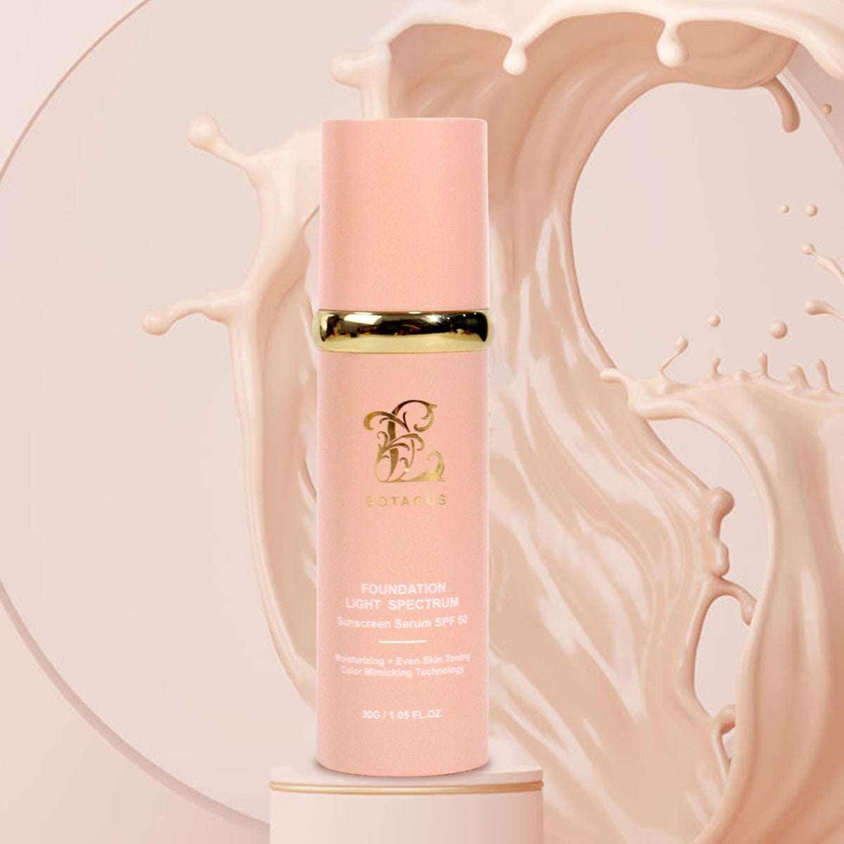 Pink skincare bottle with gold cap on a beige background