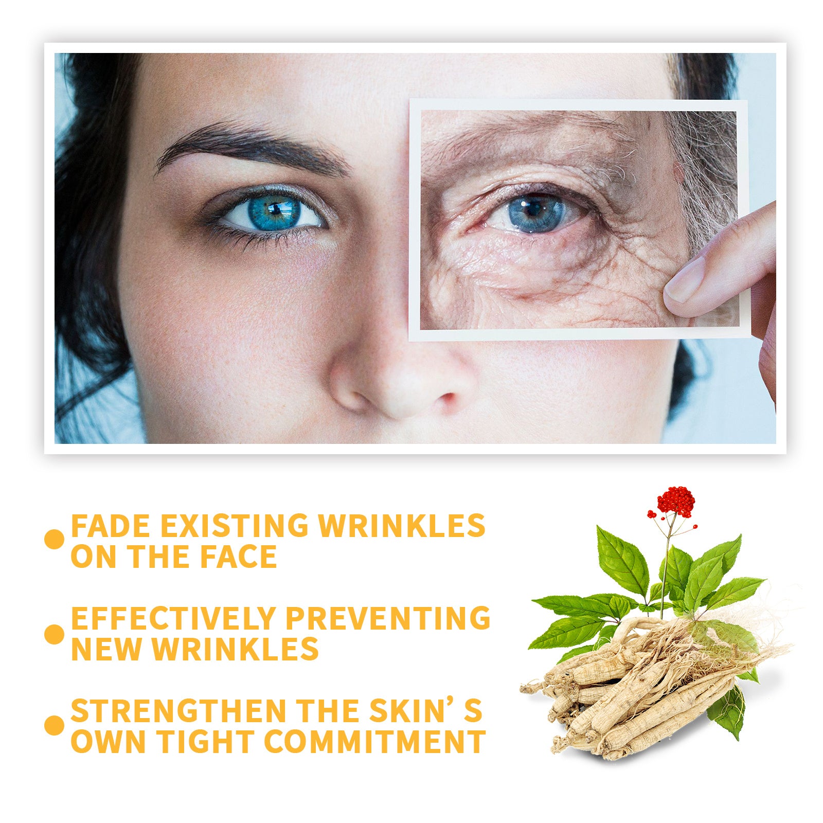 Advertisement for skincare product showing before and after effects on skin with a plant illustration.