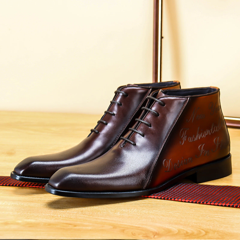 Pair of brown leather shoes on a wooden floor with a mirror in the background