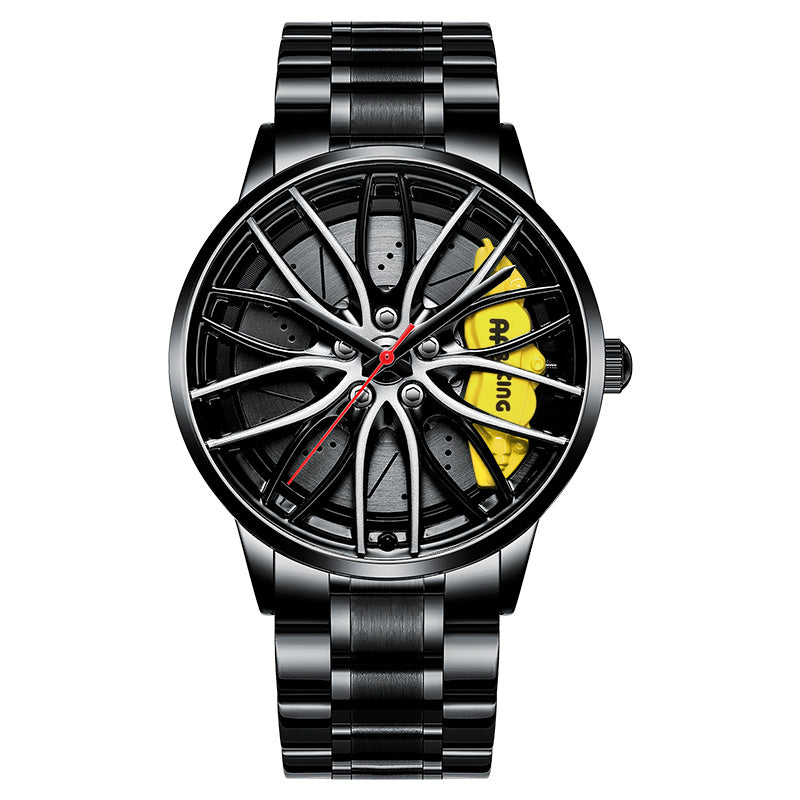 Watch with a unique design featuring a wheel and tire on the face, on a white background