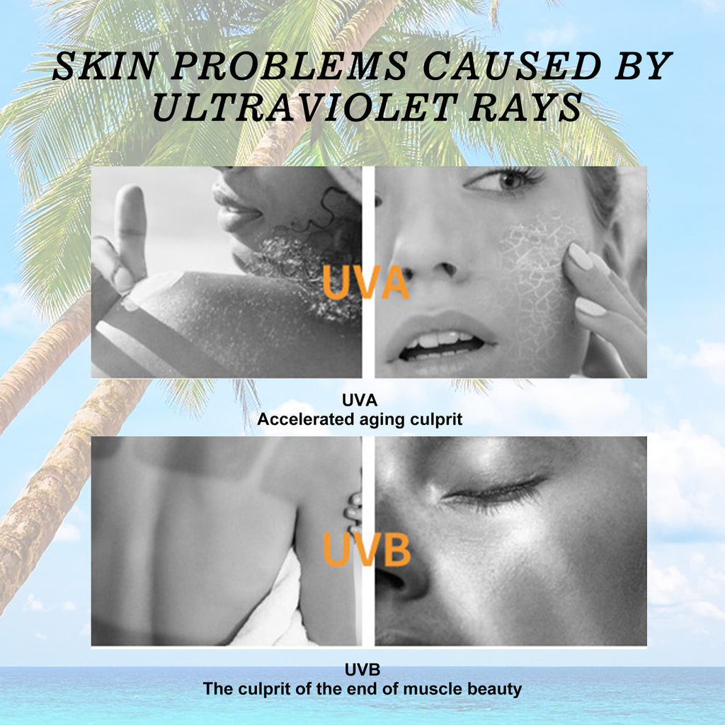 Educational graphic about skin problems caused by ultraviolet rays with images of a woman's face and text.