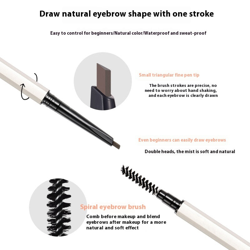Eyebrow brush with text describing its features on a white background