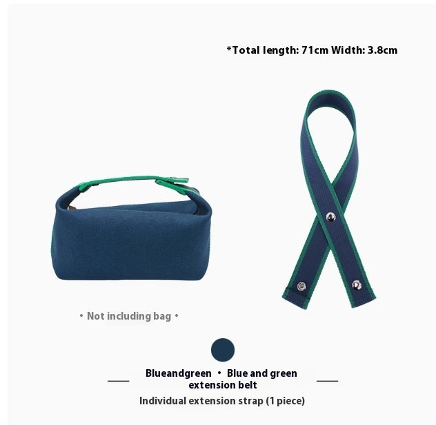Blue and green extension belt with bag on a white background
