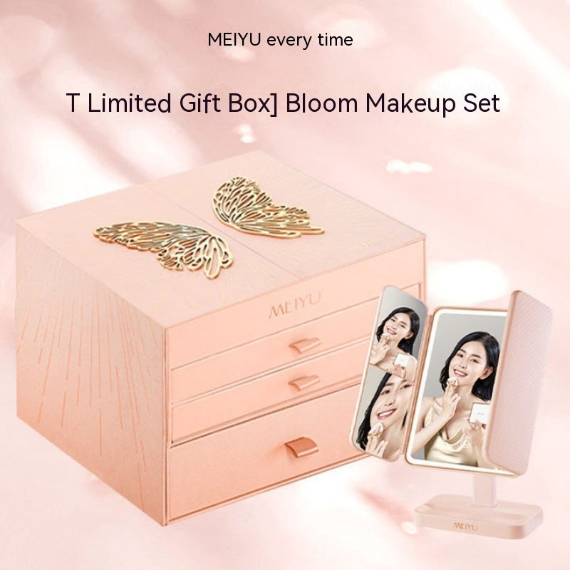 MEIYU Bloom Makeup Set with a pink gift box and two mirrors on a light pink background.