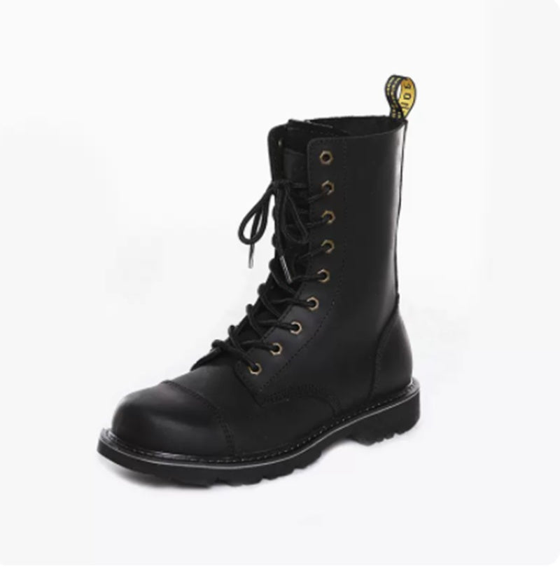 Black leather boot with yellow sole on a white background