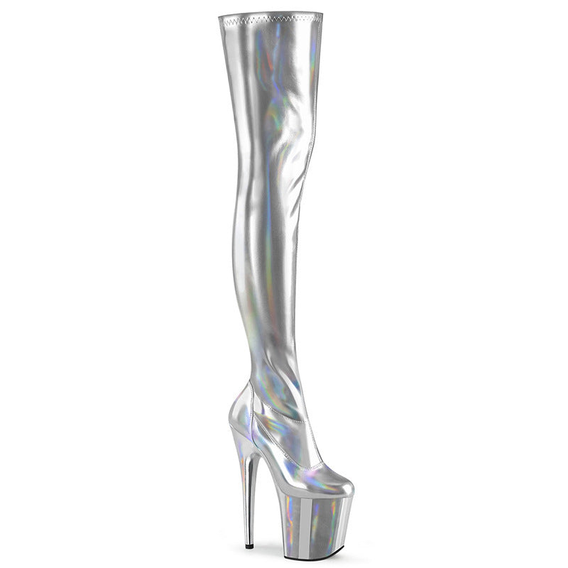 Holographic knee-high boot on a white background