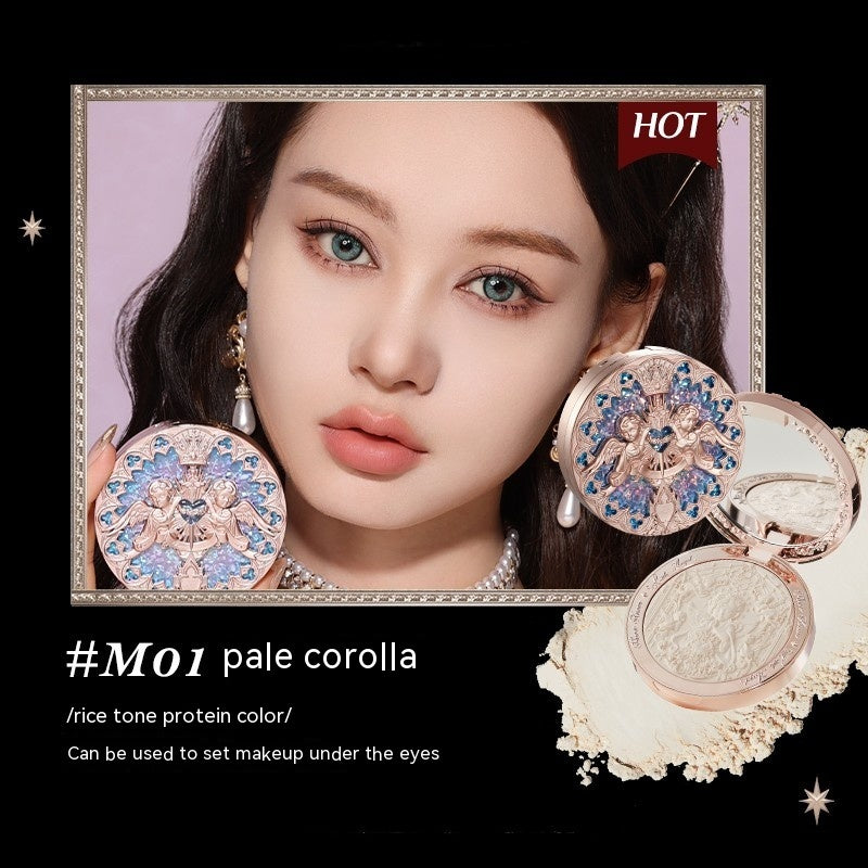 Makeup product with a model wearing it, featuring '#M01 pale corolla' color.
