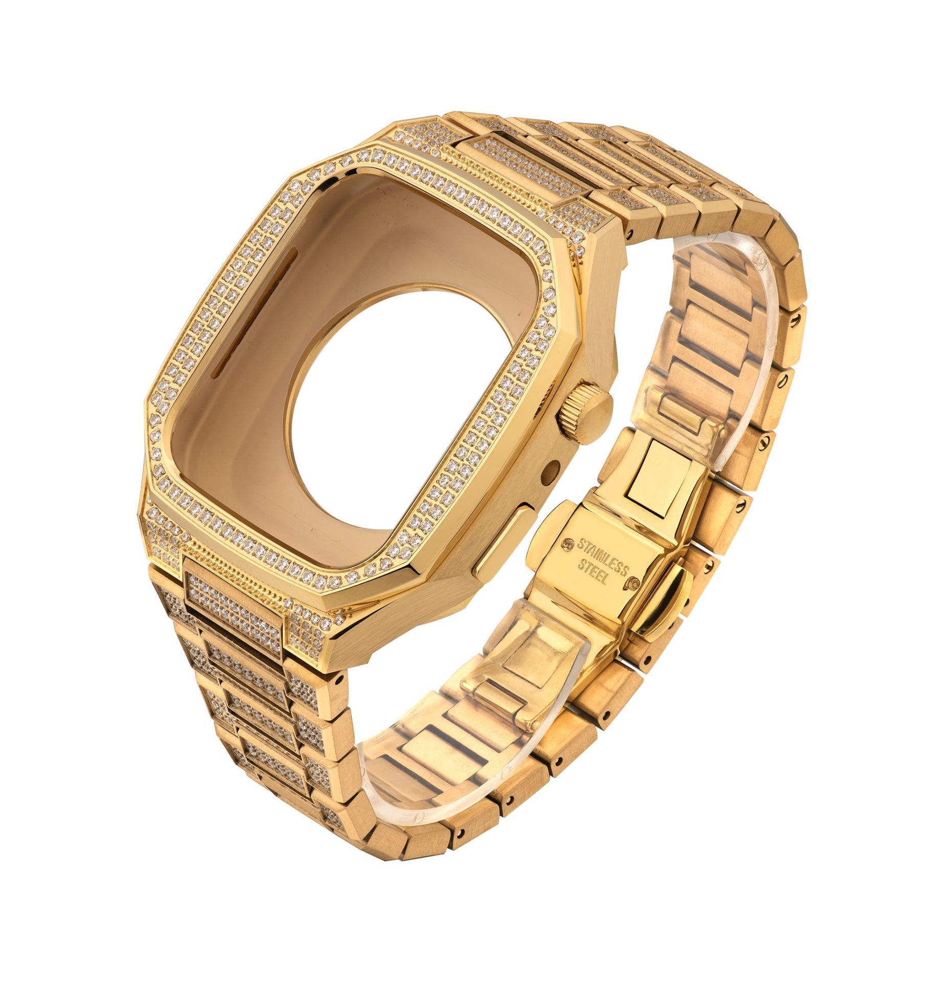 Gold smartwatch with diamond-studded bezel on a white background