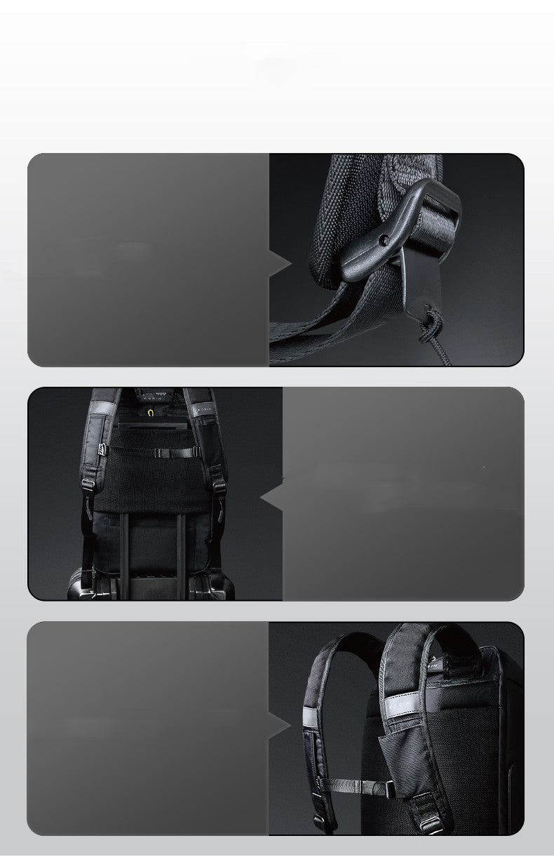 Black backpack with multiple angles on a gray background
