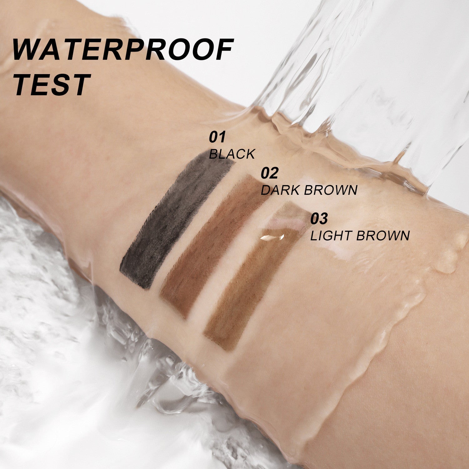 Waterproof test of black, dark brown, and light brown makeup swatches on a beige background.