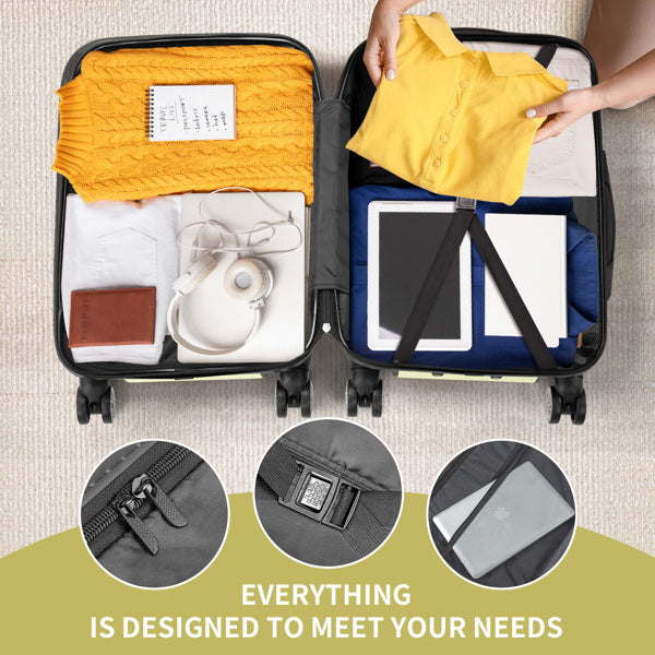Two open suitcases with organized contents and close-up details of suitcase features.