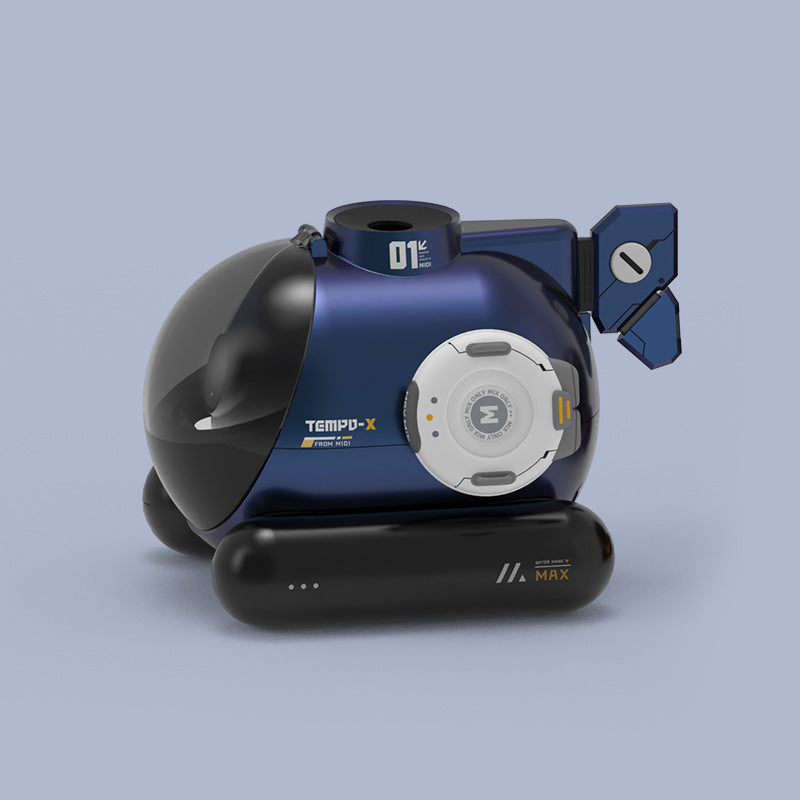 Robotic device with blue and black color scheme on a light gray background