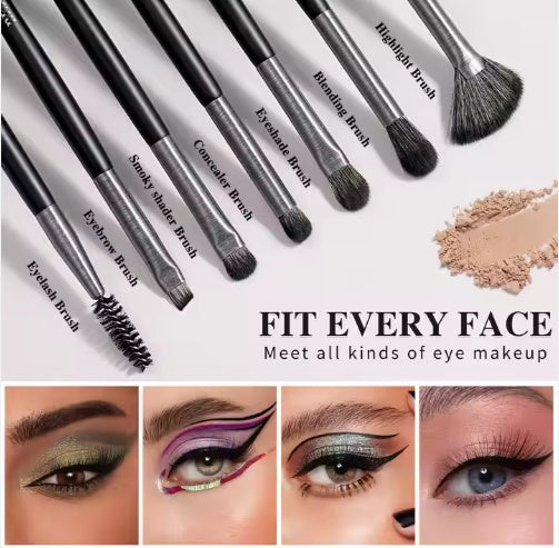 Set of makeup brushes with labels and examples of eye makeup application.