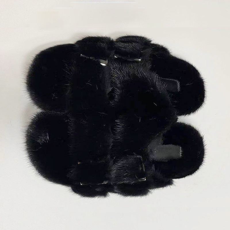 Candy Color Cotton Mink Fur Slippers, Thick Sole