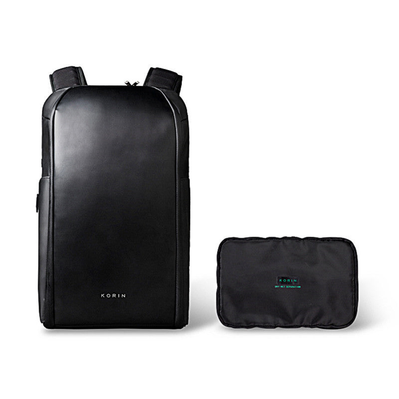 Black backpack and pouch with 'KORIN' branding on a white background