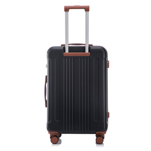 Black suitcase with brown handle and wheels on a white background