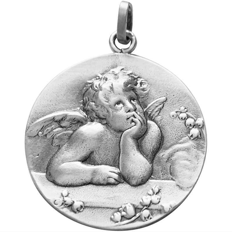 Silver pendant with an angel design on a white background