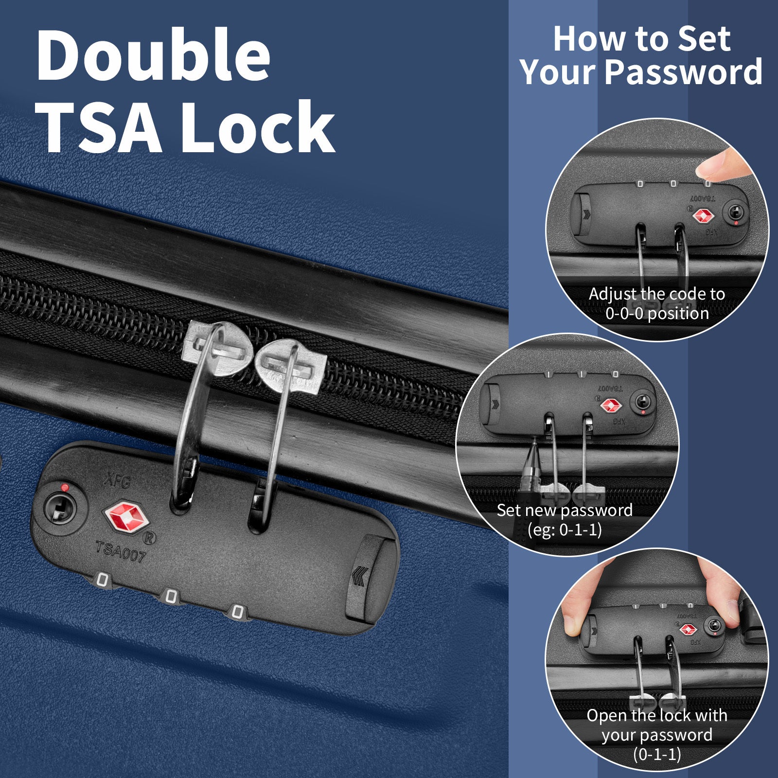 Double TSA lock on a suitcase with instructions on how to set a password.