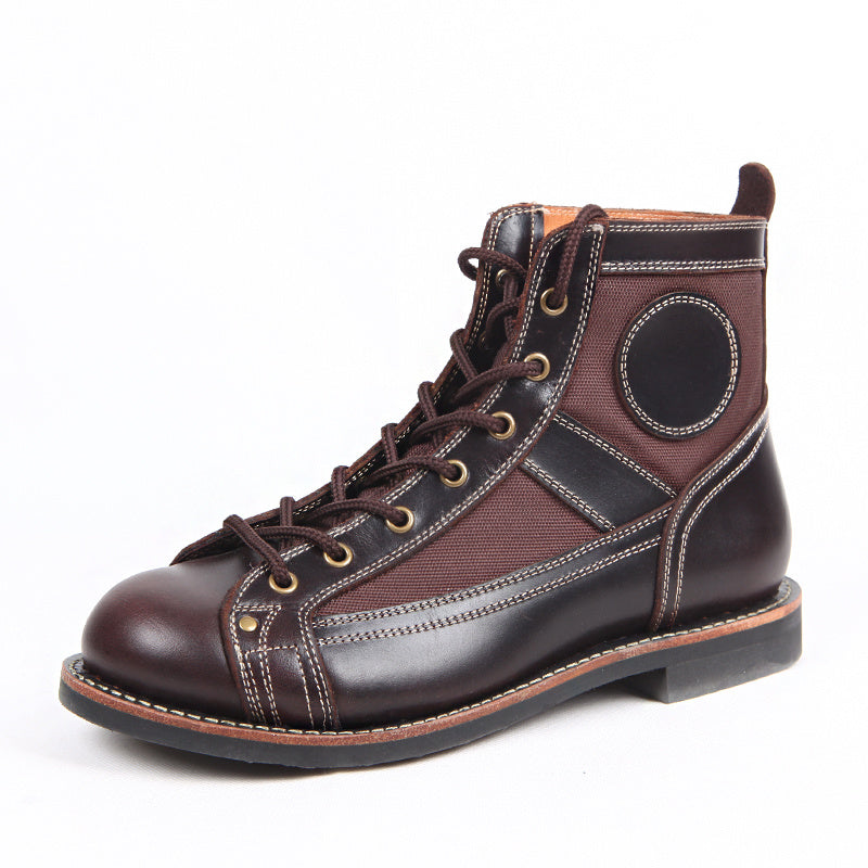 Brown leather boot with black accents on a white background