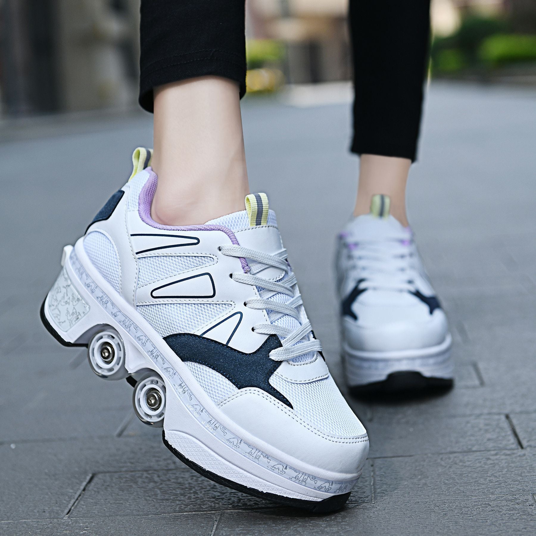White sneakers with black accents on a blurred outdoor background