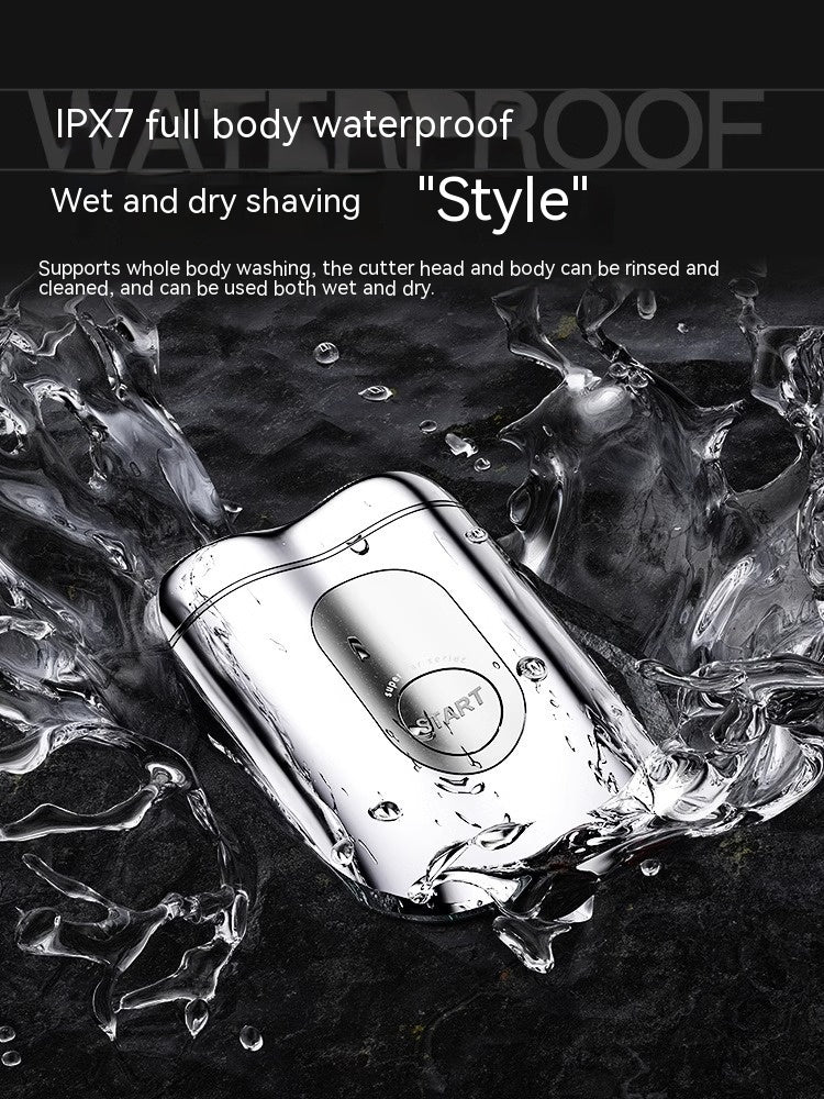 Shaving device with water splashes and text about IPX7 waterproofing and wet/dry shaving.