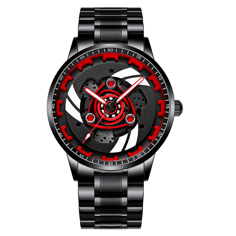 Black and red watch with a detailed face on a white background