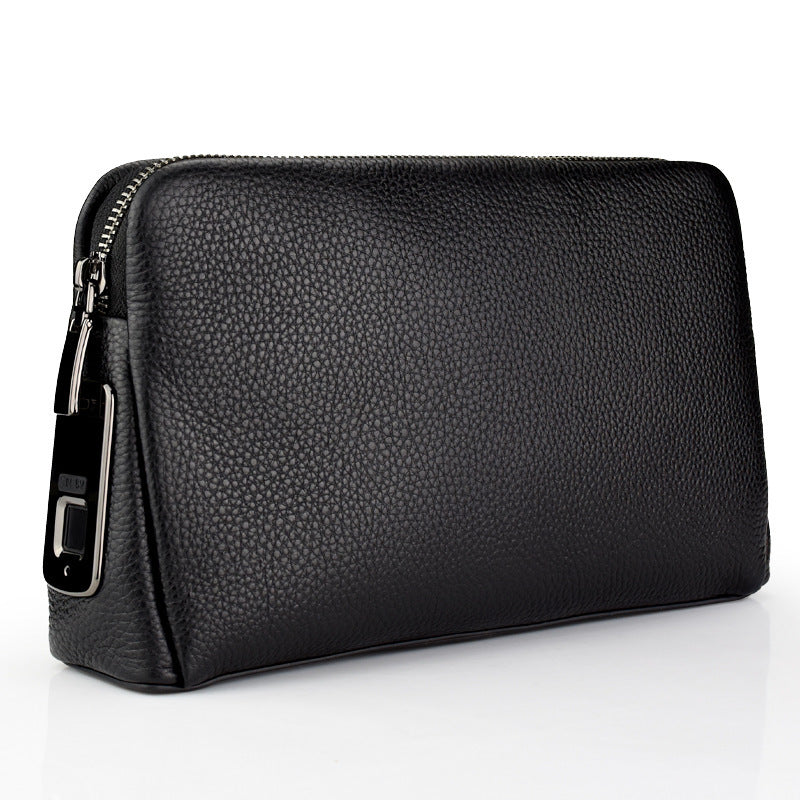 Black leather clutch bag with a silver zipper on a white background