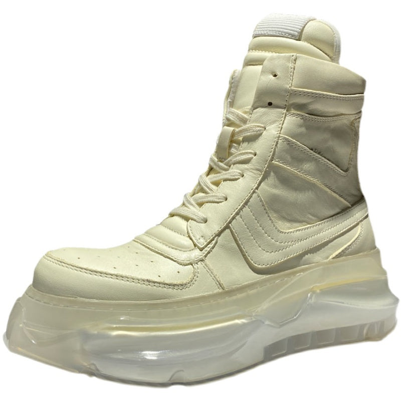 Beige high-top sneaker with transparent sole on a white background