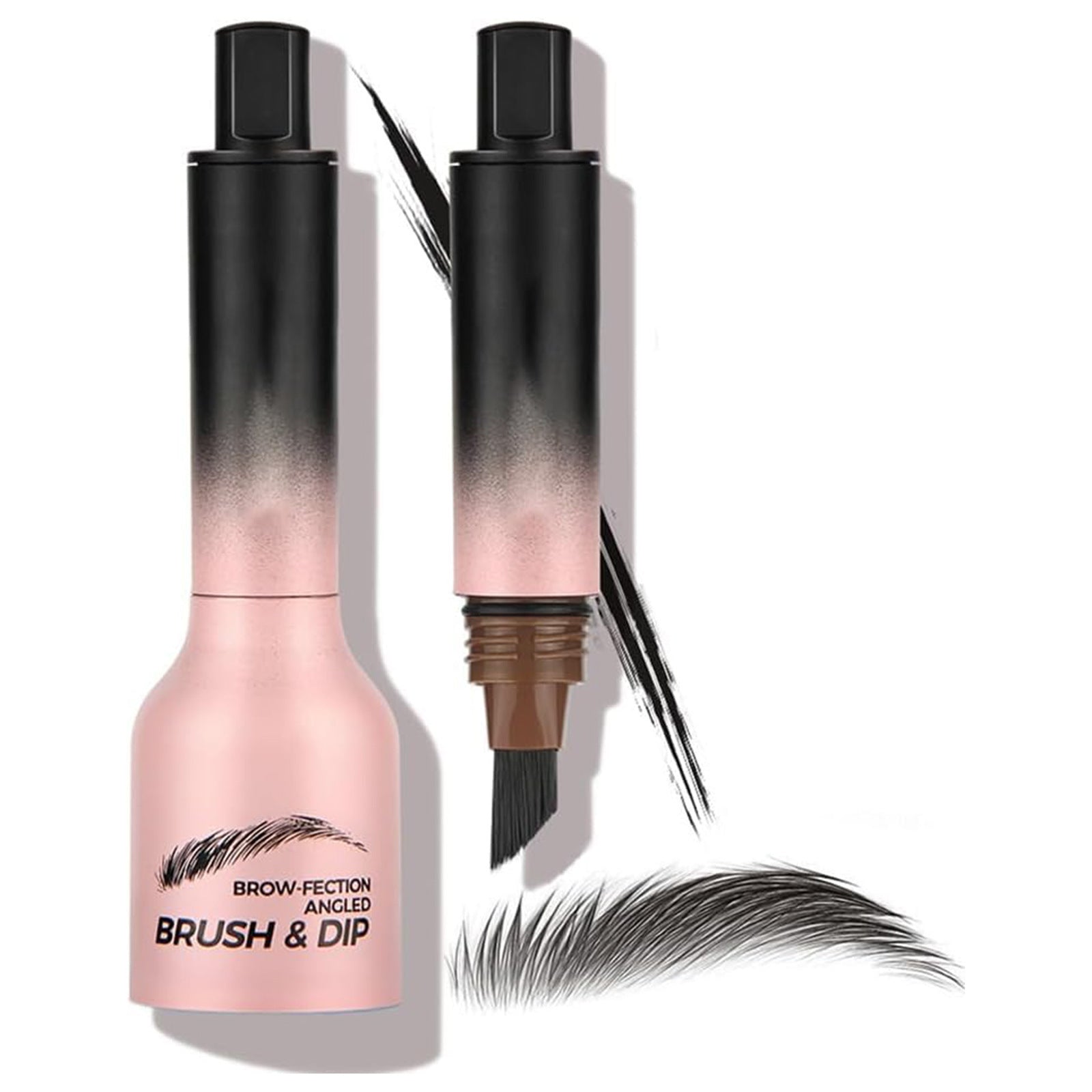 Brow pencil with pink and black gradient design on a white background