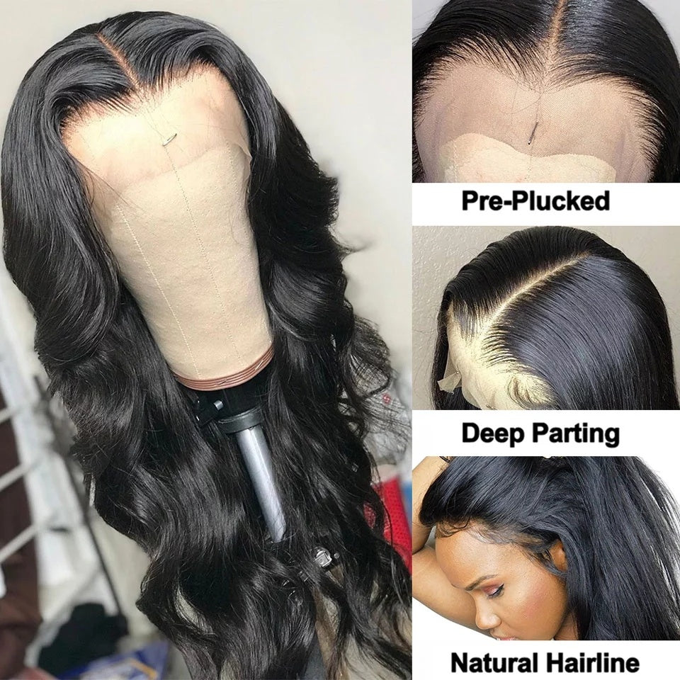 13x4 Body Wave Lace Front Wig with pre-plucked hairline, deep parting, natural color, and full body wave texture