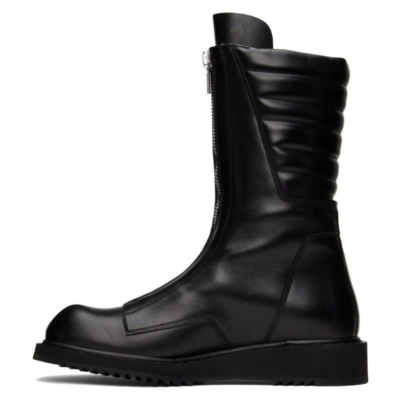 Black leather boot with a zipper on a white background