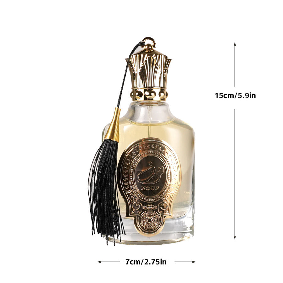 Perfume bottle with gold cap and black tassel, labeled with dimensions on a white background