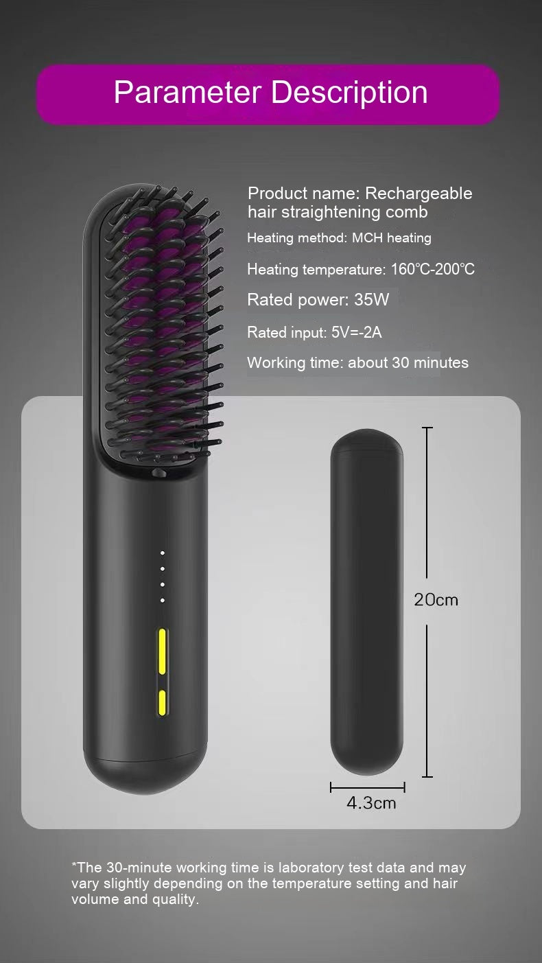 Rechargeable hair straightening comb with parameter description on a gray background