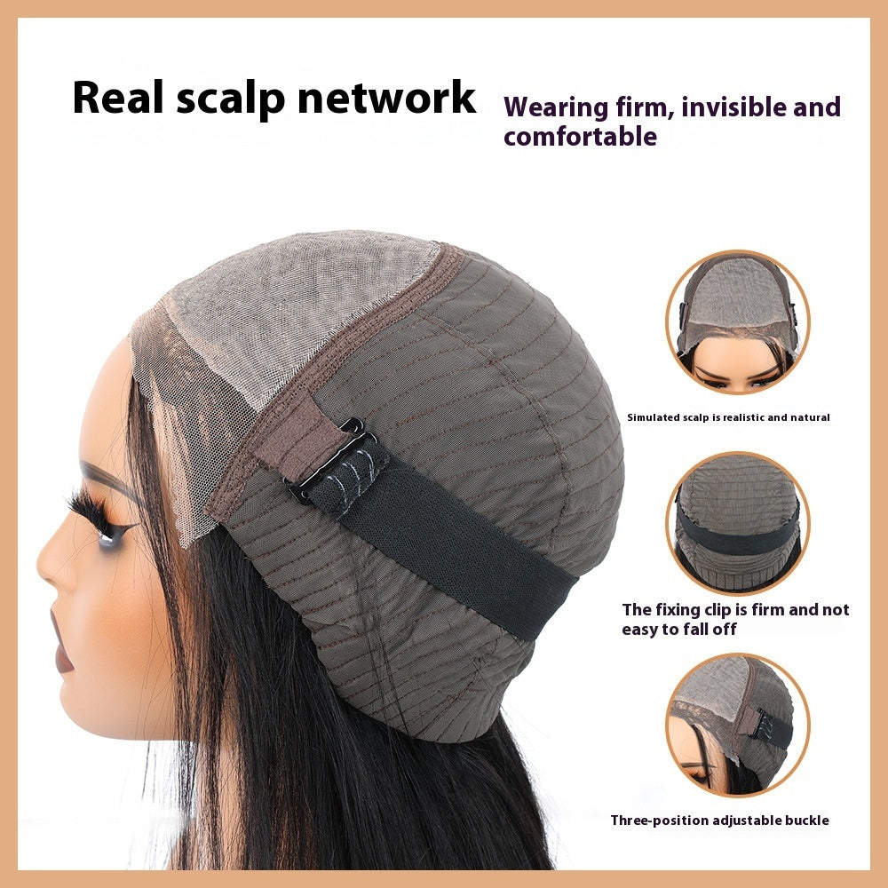 Hair wig with scalp network and fixing clip, featuring text on comfort and realism.