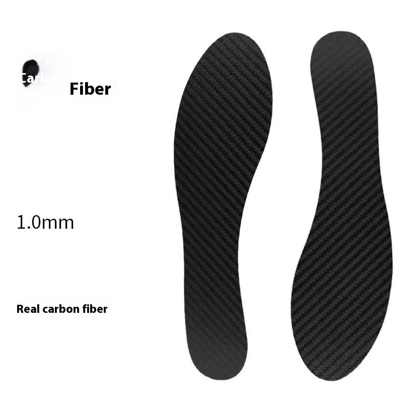 Carbon fiber shoe insoles with a label indicating 'Fiber' and '1.0mm Real carbon fiber'.
