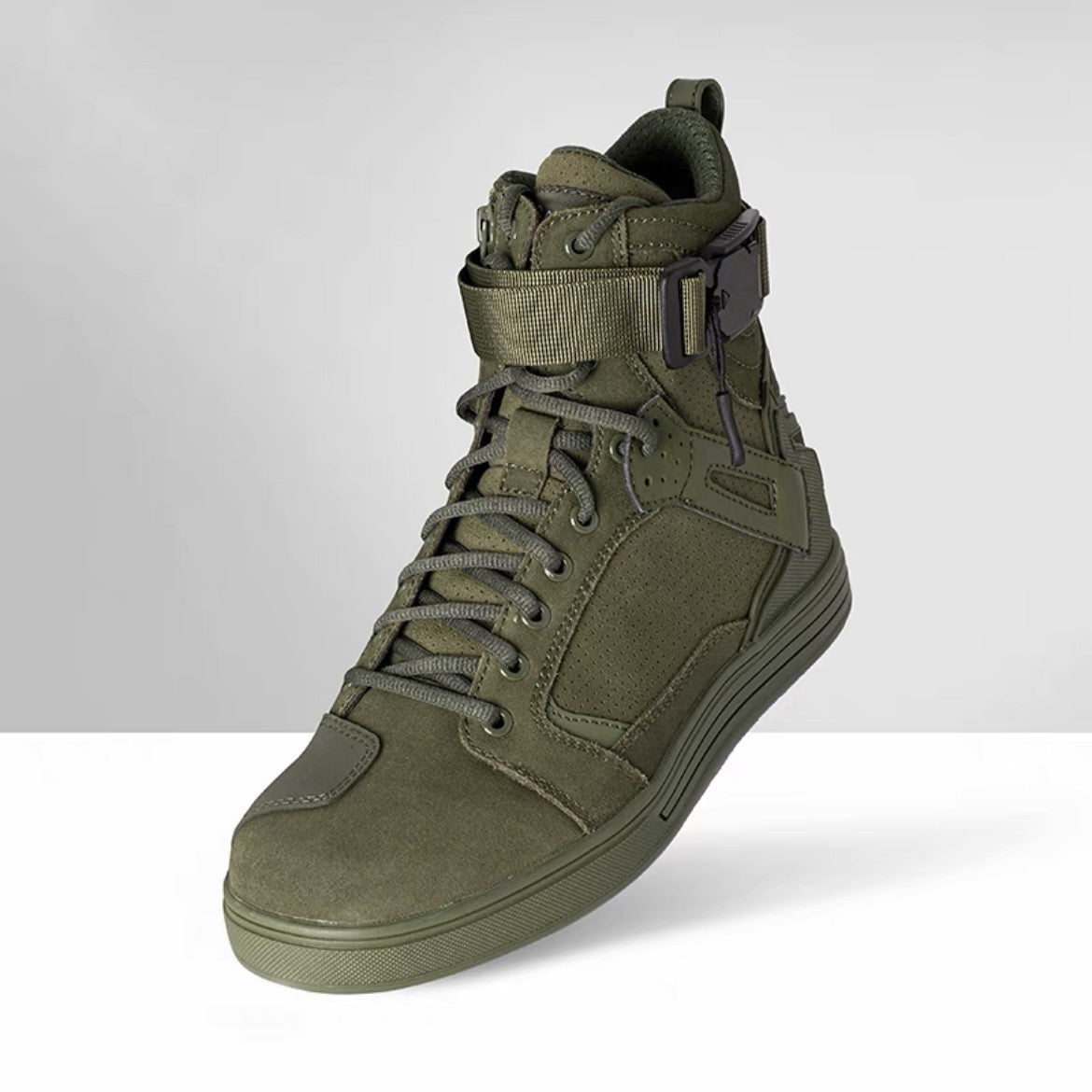 Green high-top sneaker on a white background