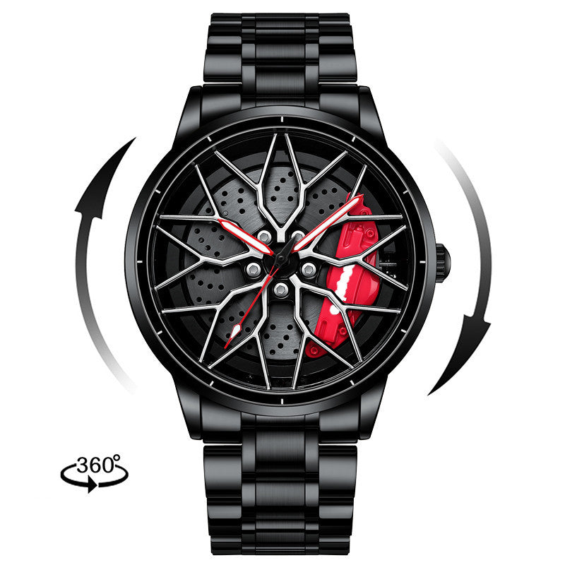 Black wristwatch with red accents on a white background
