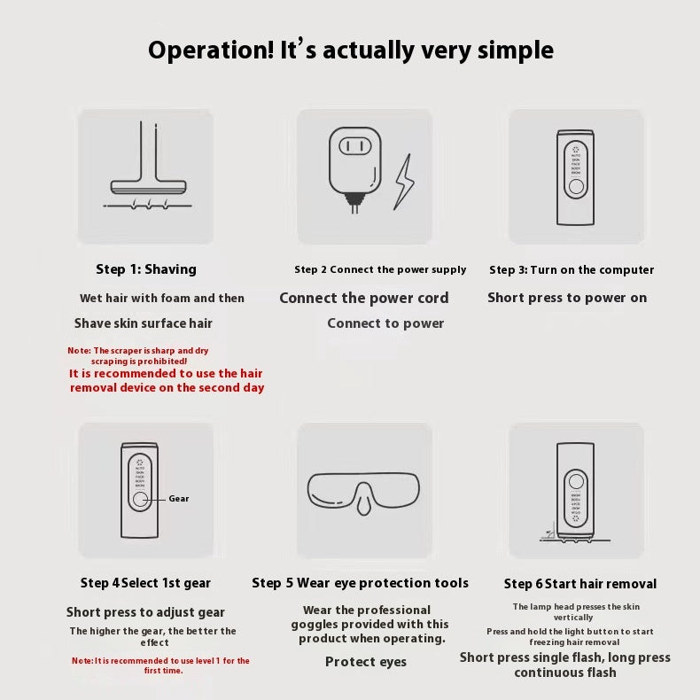 Step-by-step guide for using a hair removal device with icons and text instructions.